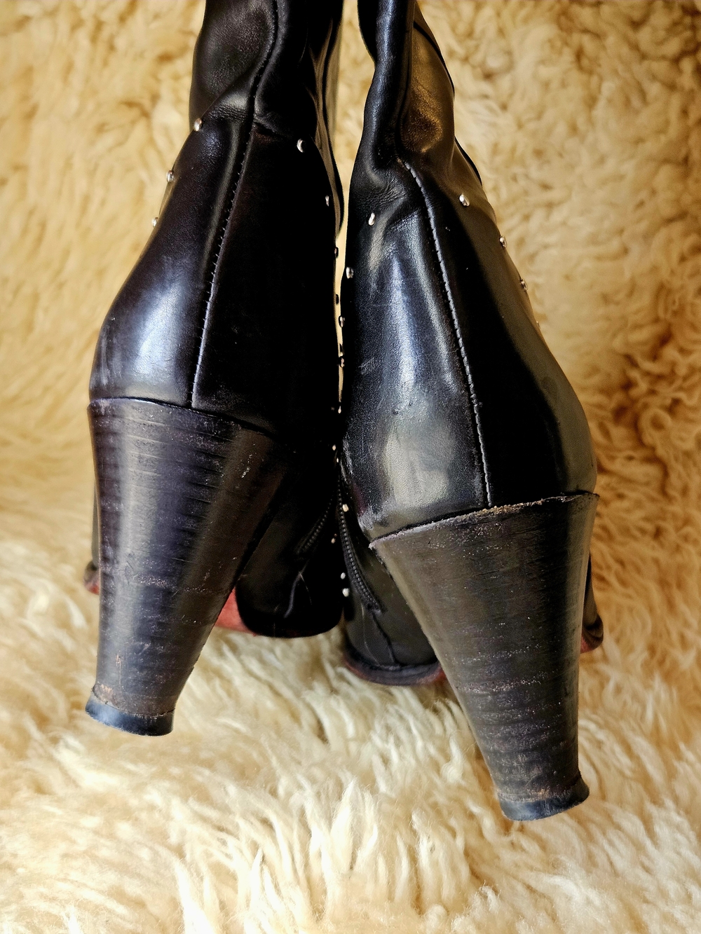 Donald J. Pliner Black Leather Studded Heeled Boots with Red Lining 6.5-7 - Picture 8 of 10